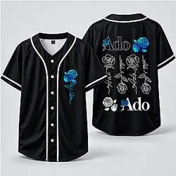 Ado Blue Rose Baseball Jersey – Black Floral Graphic Button-Up Shirt NTT1310 Ado T-Shirts