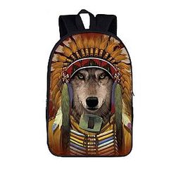 Pleasing Native American Dressed Wolf Serious Look Backpack SAI0505