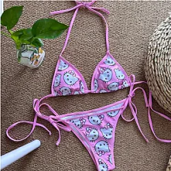 2024 Hellokitty Cute Girls Sexy Bikinis Set Print Bikini Swimsuit Women Swimwear Beachwear Lingerie Elasticity Slips On Vacation