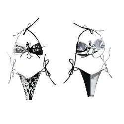 2022 Women Two Piece Bikini Patchwork Color Tie-Up Letter Pattern Bra + Printing Panties Split Swimsuit Anime Goth Beachwear