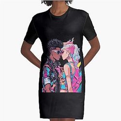 Anime Interracial Love Graphic T-Shirt Dress