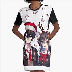 Christmas anime couple - winter Graphic T-Shirt Dress