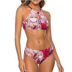 Darling In The Franxx Swimsuits - Zero Two Cosplay Anime Darling In The Franxx Women Girl High Neck Sling Top Bikinis 2-Piece Summer