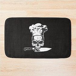 Chef skull with knife and emblem and moto Bath Mat
