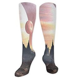 Fantasy Compression Socks Women and Men, Twin Moons Over Planet Europa Apocalypse Armageddon Deserted, Best for Circulation, Running, Athletic, Nurse, Travel Blush Yellow Dark Brown 19.8inch
