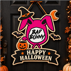 [Exclusive] Bad Bunny Happy Halloween NTMD0809 Wooden Door Sign Bad Bunny Decoration