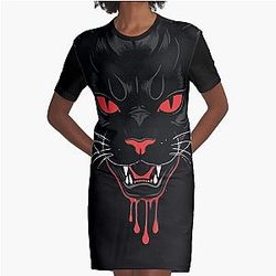 Vampire Cat with Red Eyes - Gothic Behemoth Design Graphic T-Shirt Dress