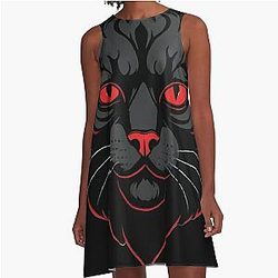 Fierce Red-Eyed Cat - Gothic Behemoth Design A-Line Dress