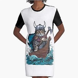 Viking Berserk Cat Graphic T-Shirt Dress