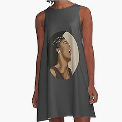 Billie Holiday Lady Day Portrait on Black Beige A-Line Dress