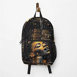 Black woman embodying the legendary Billie Holiday passionately singing into a vintage microphone from the 1940s backpack.