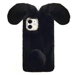 iPhone 15 Case Bunny Phone Case for Girl, Funny Fur Black Rabbit Case, Cute Furry Phone Case with Bling Rhinestone Diamond Case, Black