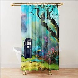 Blue box traveling in time Shower Curtain