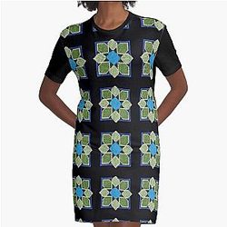 Blue Box With Green Graphic T-Shirt Dress