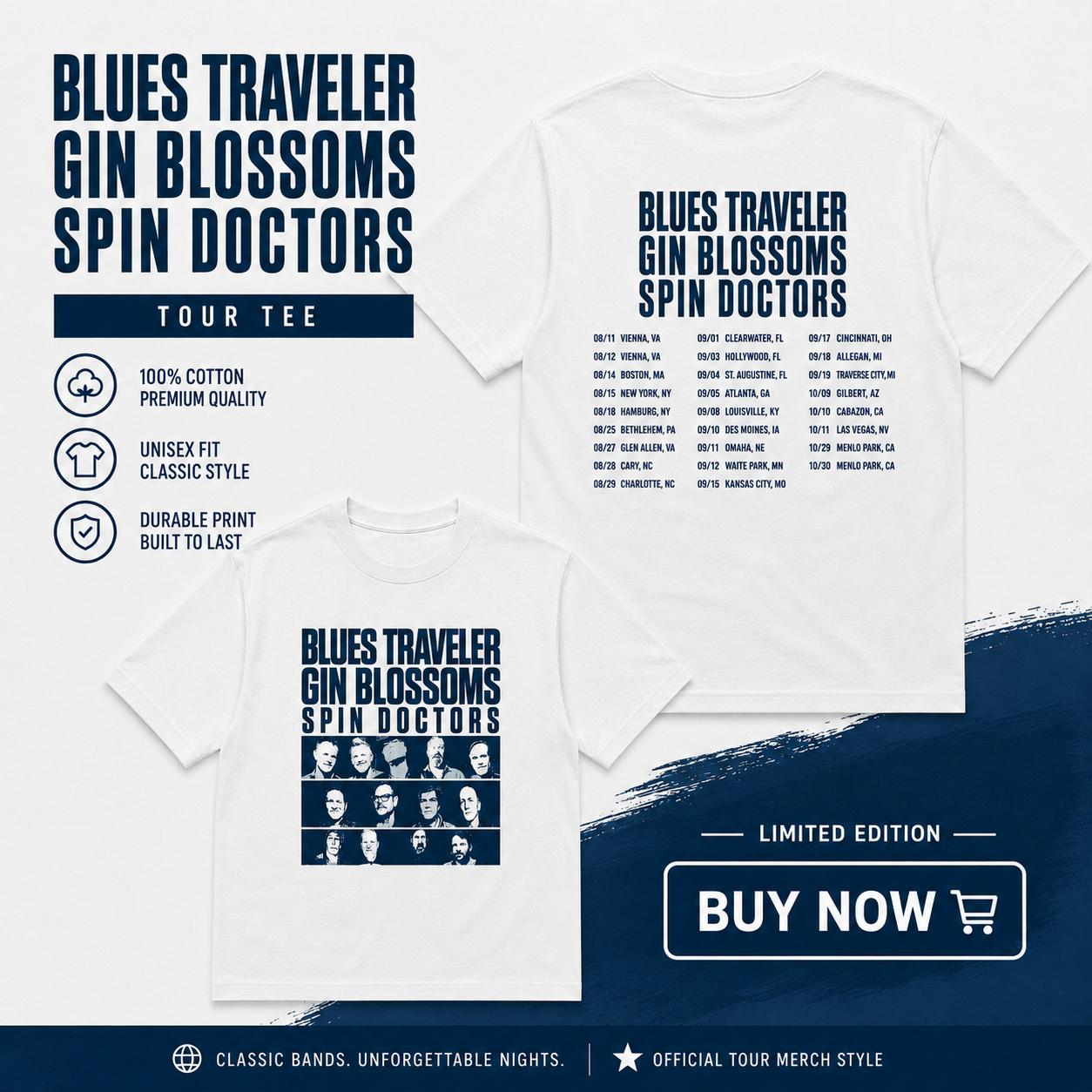 Blues Traveler Gin Blossoms Spin Doctors Tour 2026 HTCT1108 Blues Traveler T-Shirts