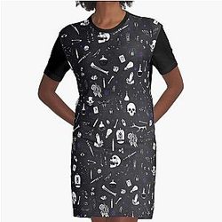 Black and Purple Witchy Pattern Graphic T-Shirt Dress
