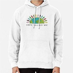 Earth Day Every Day Half Globe with Stick People on White Background Pullover Hoodie