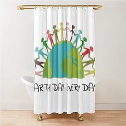 Earth Day Every Day Half Globe with Stick People on White Background Shower Curtain