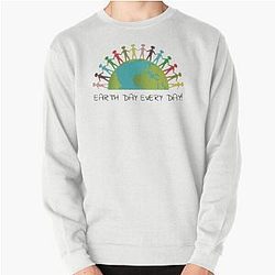 Earth Day Every Day Half Globe with Stick People on White Background Pullover Sweatshirt