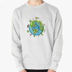 Smiling Earth With Animals Pullover Sweatshirt