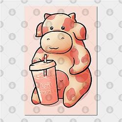 Cow Print Posters - Strawberry Cow Having some Strawberry Milk Poster TP0212