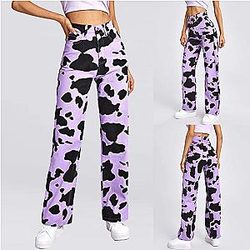 Uncategorized - The Cow Print Jeans - Women Purple Cow Print Jeans Fashion Denim Trouser