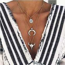 Cow Print Necklaces - Bohemian Alloy Bull Head Moon Pendant Necklace Official Merch CL1211