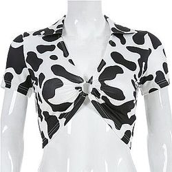 Uncategorized - Milk Cow Print Ring Hollow Crop Tops Summer