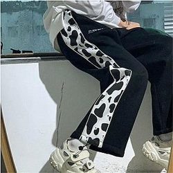 Cow Print Pants &amp; Joggers - Cow Print Pants &amp; Joggers - Loose Black Japan Cool Autumn Trousers