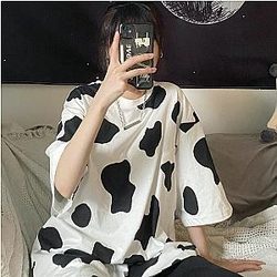 Cow Print T-Shirts - Cow Print T-Shirts - New Ladies Oversized Loose Short Sleeve