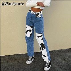 Cow Print Pants &amp; Joggers - Cow Print Patchwork Women's Jeans Pants