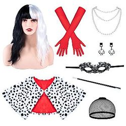 Cruella Deville Women Costume with Dalmatian Shawl Gloves Earrings Necklace Cap Eye Cover, Black and White Wig