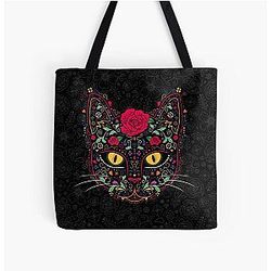 Dark Souls Bags - Day of the Dead Kitty Cat Sugar Skull All Over Print Tote Bag RB0909