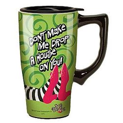Spoontiques Drop a House on You Ceramic Travel Coffee Mug with Lid and Handle - Wizard of Oz Double Walled Mug for Hot and Cold Beverages Microwave and Dishwasher Safe, Spill-Proof Lid