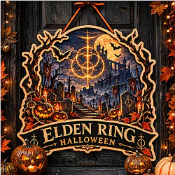 Erdtree & Graveyard Halloween Stained LA0910 Elden Ring Wooden Door Sign