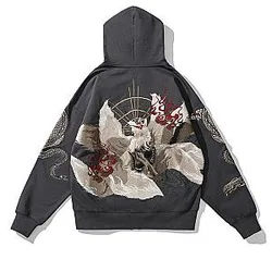 Nine Tailed Fox Embroidered Zip Hoodie, Yokosuka Japanese Kitsune Zip Up  ES1401