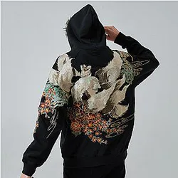 Nine Tailed Fox Embroidered Hoodie, Yokosuka Japanese Kitsune Pullover ES1401