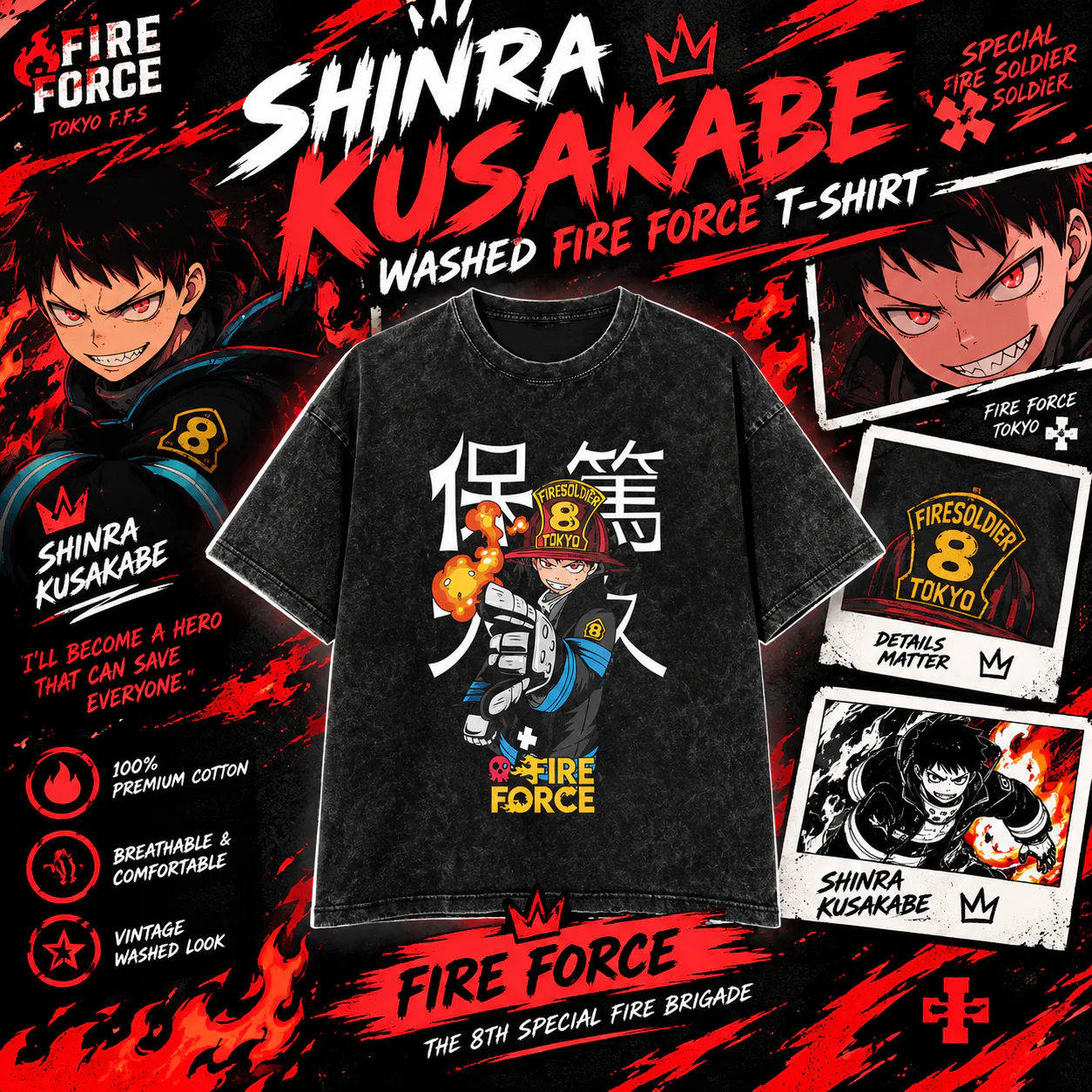 Shinra Kusakabe PTTT219 Washed  Fire Force T-Shirt