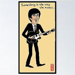 Cartoon drawing of George Harrison singing Something in the way she moves poster