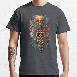Floral Skeleton Art Halloween Fantasy Skull Ribcage Grateful Dead Illustration Classic T-Shirt RB0512
