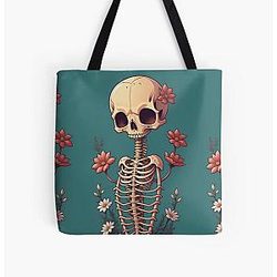Happy Floral Skeleton Art Halloween Fantasy Skull Ribcage Grateful Dead Illustration All Over Print Tote Bag RB0512