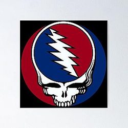 a grateful skull cartoon wearing blue and red headphones listening rock music Poster RB0512