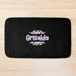 Purple Flower Label (Black) Bath Mat