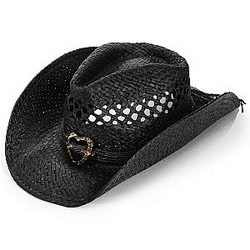Straw Cowboy Hat, Western Style Summer Coastal Cowgirl Hat with Heart Band, Wide Shapeable Brim Vacation Beach Sun Hat for Party Costumes Black
