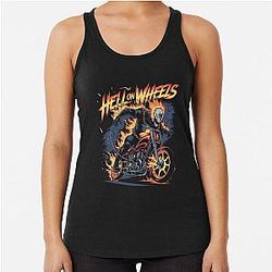 Hell on Wheels Flaming Skull Biker Art Racerback Tank Top