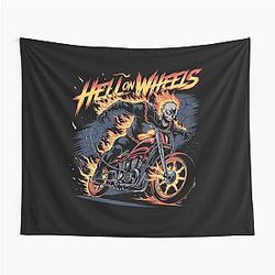 Hell on Wheels - Flaming Skull Biker Art Tapestry