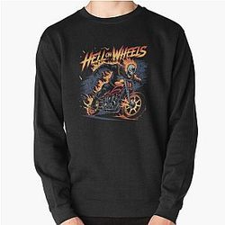 Hell on Wheels Flaming Skull Biker Art Pullover Sweatshirt