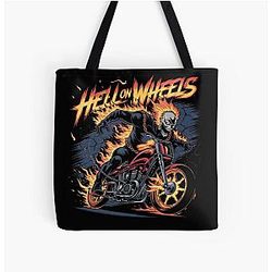 Hell on Wheels Flaming Skull Biker Art Tote Bag
