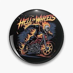 Hell on Wheels Flaming Skull Biker Art Pin