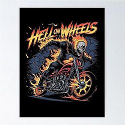 Hell on Wheels Flaming Skull Biker Art Poster